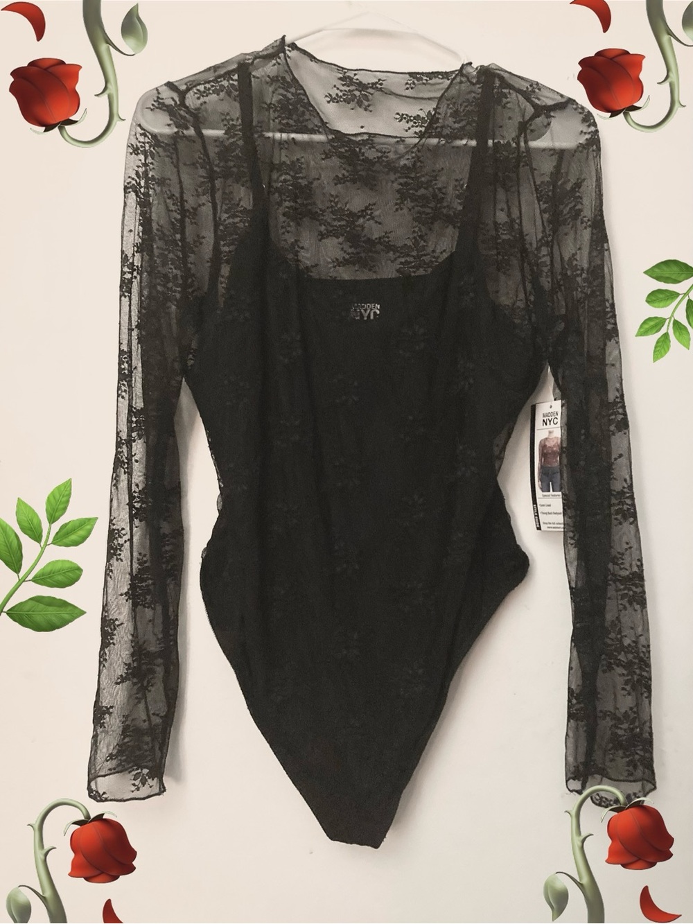 Sheer Black Lace Long-Sleeve Bodysuit